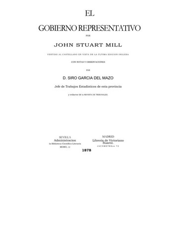 John Stuart Mill: El gobierno representativo (Spanish language, 1978, Biblioteca Científico-literaria)